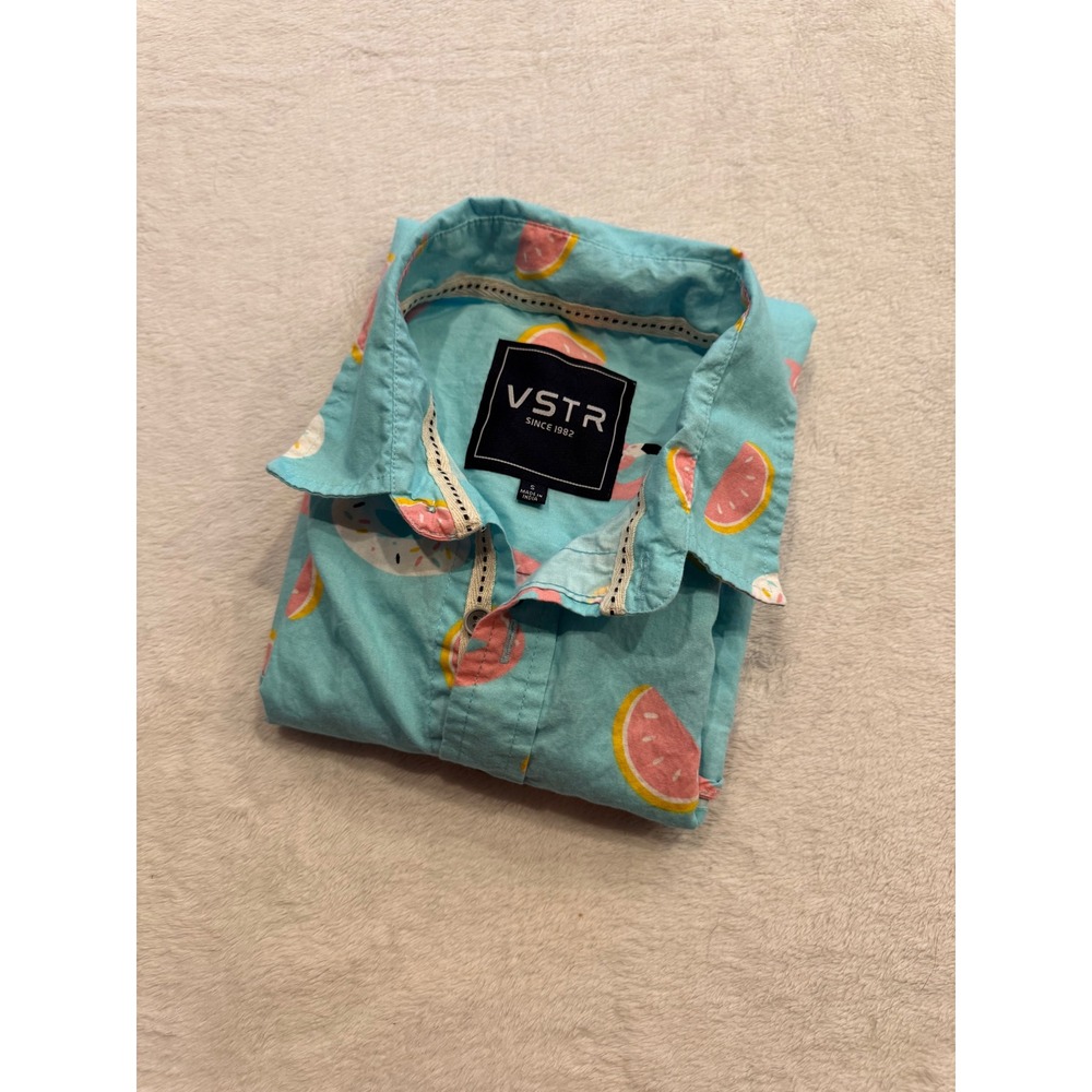 VSTR Mens Small Blue Flamingo Watermelon Donut Print Cotton Button Down Shirt